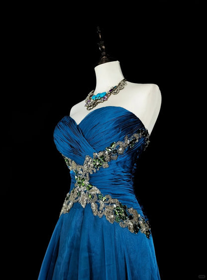 Vintage A Line Sweethart Blue Chiffon Long Prom Gown Party Wear Fashion Dresses N1824