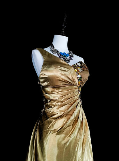 Vintage Prom Dresses A Line One Shoulder Yellow Satin With Beads Folds Long Formal Dress N2386