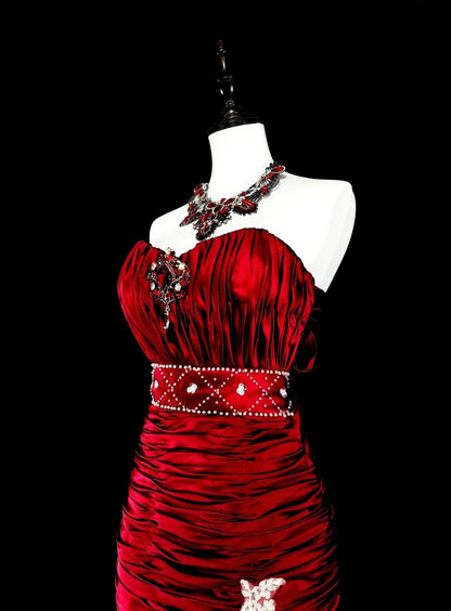 Vintage Prom Dresses Mermaid Sweetheart Burgundy Satin With White Lace Long Formal Dress N2377