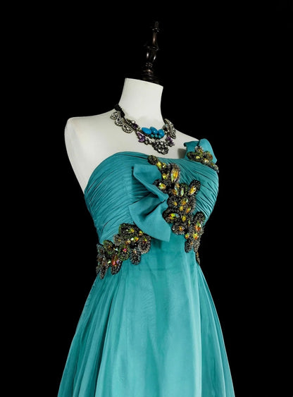 Vintage Prom Dresses Aesthetic 1950s Retro Classy Ombre Blue A Line Long With Beads N2006