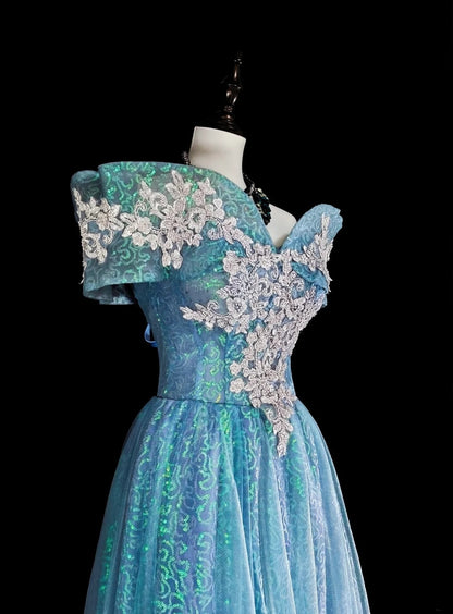 Dreamy Prom Dresses Aesthetic 80s Retro Off The Shoulder Light Blue Tulle Lace Long Formal Outfits N2364