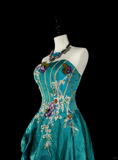 Vintage A line Strapless Blue 70s Satin With Appliques Long Prom Gown Party Wear Fashion Dresses N1830