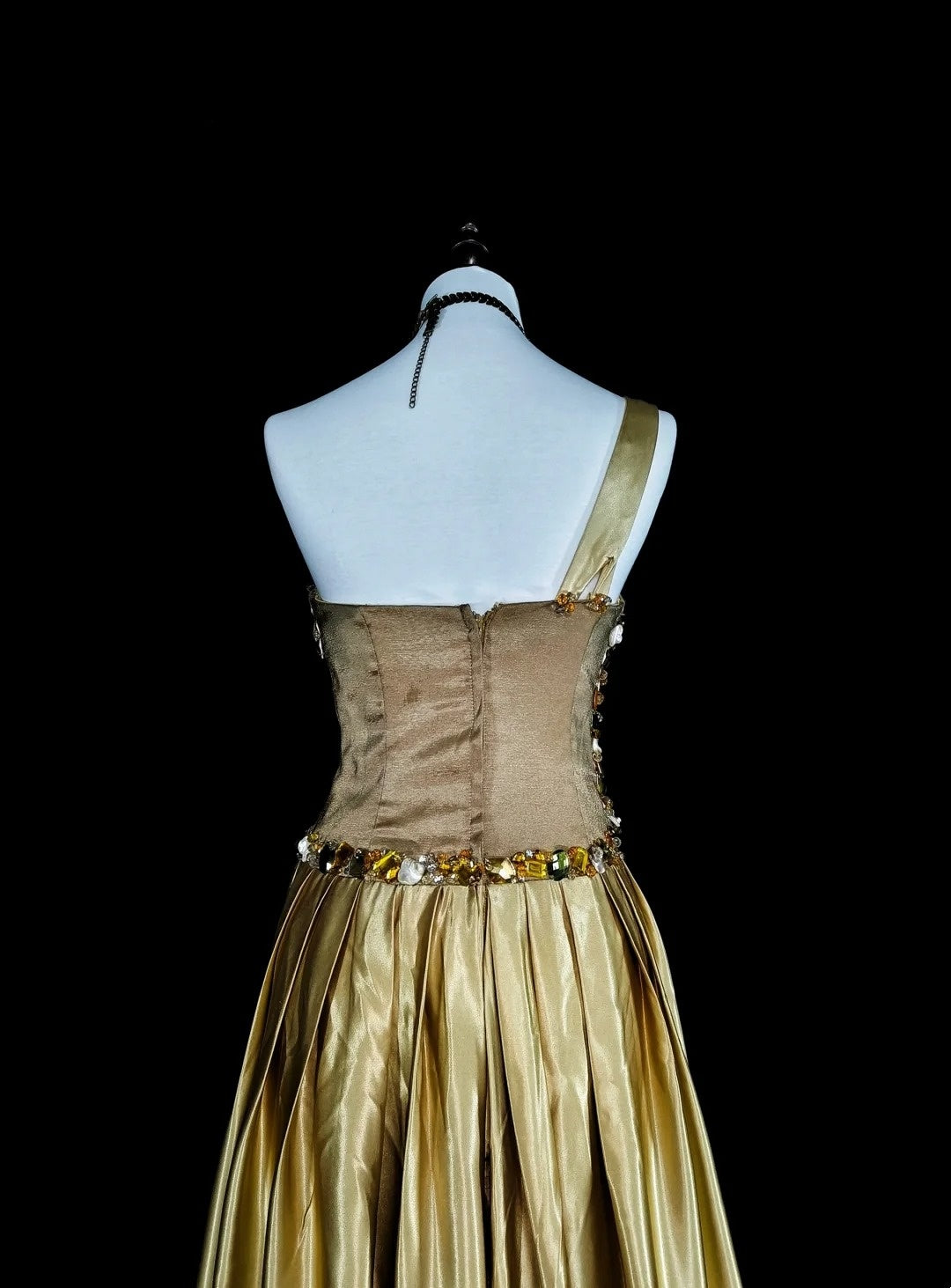 Vintage Prom Dresses A Line One Shoulder Yellow Satin With Beads Folds Long Formal Dress N2386