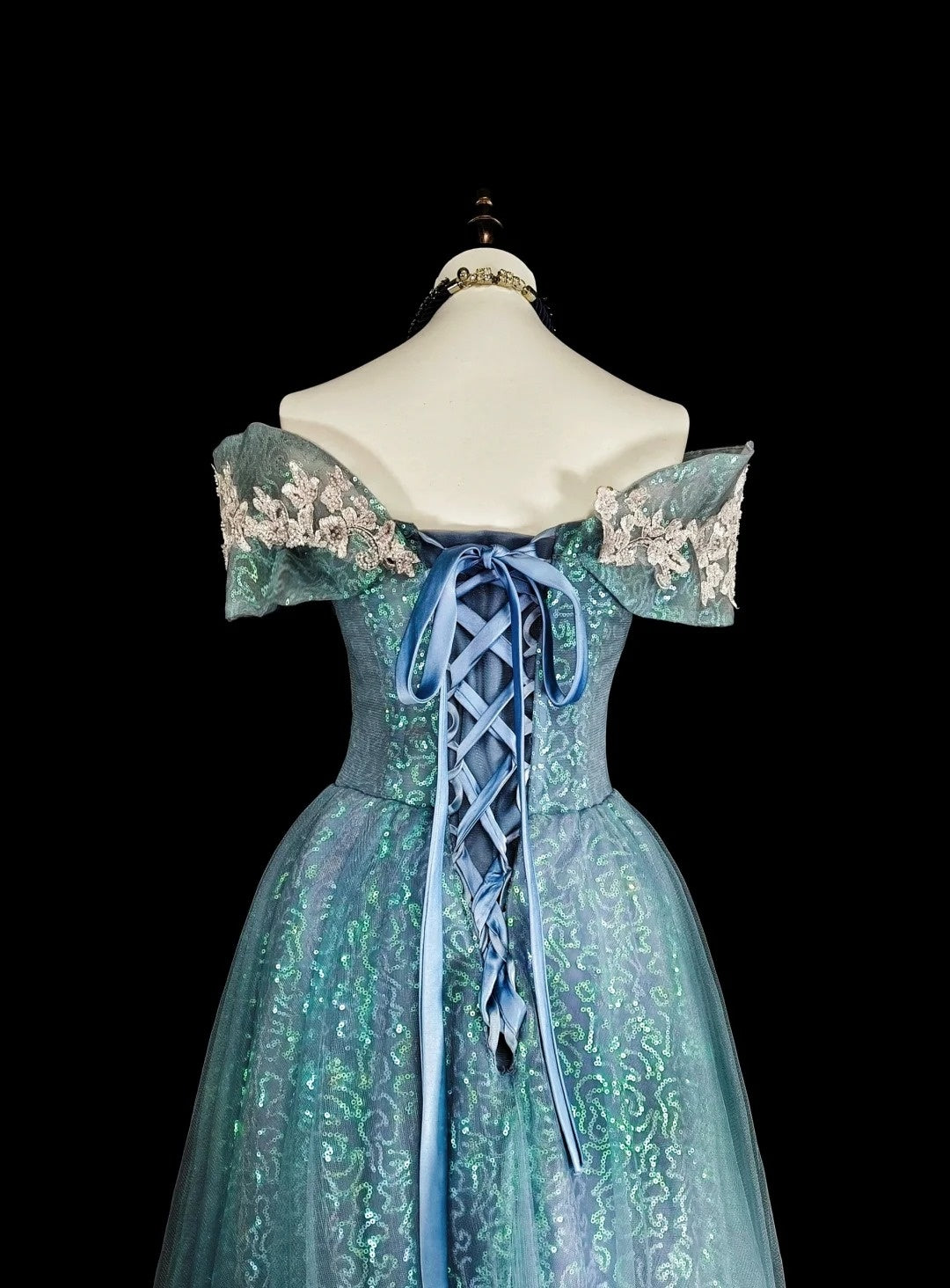 Dreamy Prom Dresses Aesthetic 80s Retro Off The Shoulder Light Blue Tulle Lace Long Formal Outfits N2364