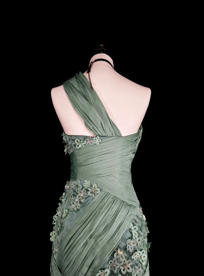 Vintage Prom Dresses Aesthetic Mermaid One Shoulder Sage Green Chiffon With Appliques Long Formal Dress N2161