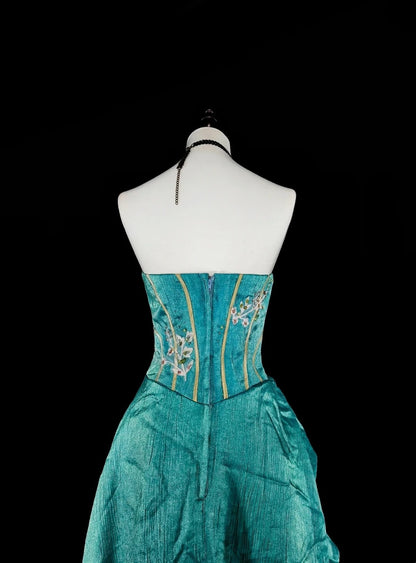 Vintage A line Strapless Blue 70s Satin With Appliques Long Prom Gown Party Wear Fashion Dresses N1830