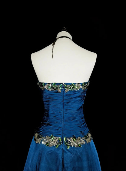 Vintage A Line Sweethart Blue Chiffon Long Prom Gown Party Wear Fashion Dresses N1824
