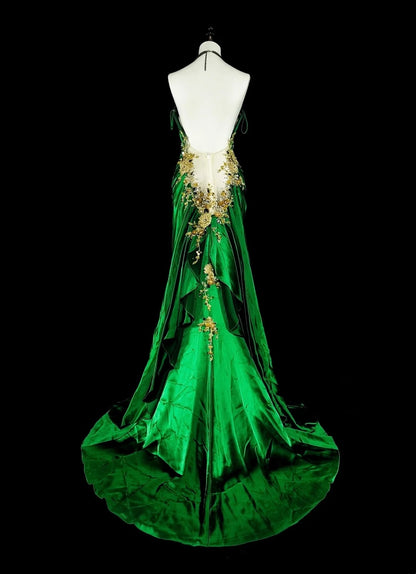 Vintage Mermaid Spaghetti Straps Green Satin Backless Long Gowns Formal 18th Birthday Party Prom Dresses N1750