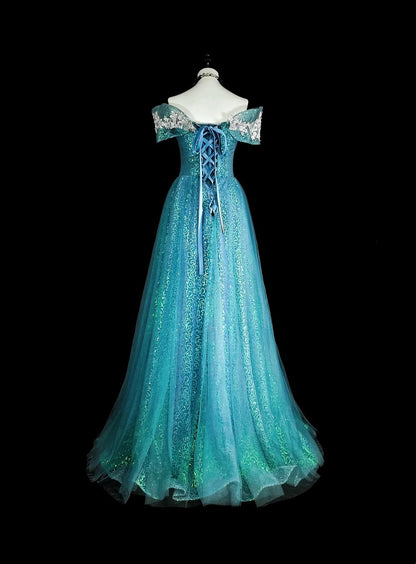 Dreamy Prom Dresses Aesthetic 80s Retro Off The Shoulder Light Blue Tulle Lace Long Formal Outfits N2364