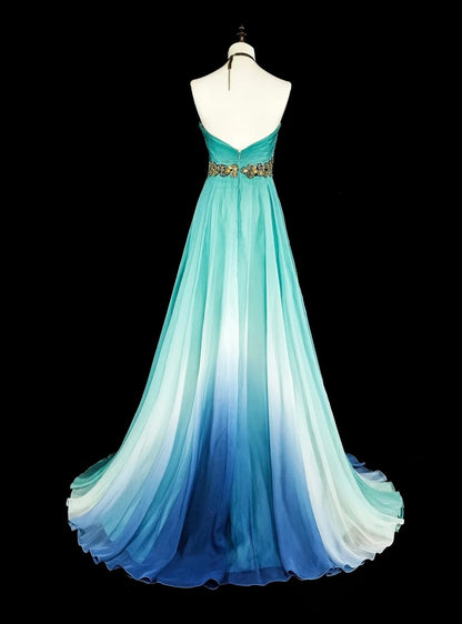 Vintage Prom Dresses Aesthetic 1950s Retro Classy Ombre Blue A Line Long With Beads N2006