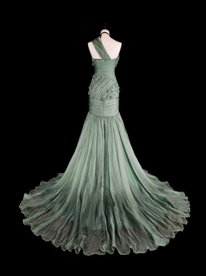 Vintage Prom Dresses Aesthetic Mermaid One Shoulder Sage Green Chiffon With Appliques Long Formal Dress N2161