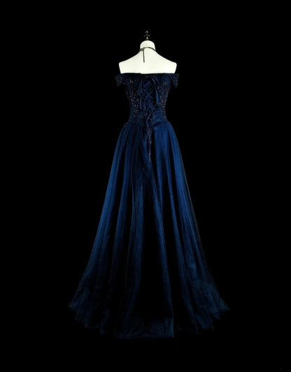 Vintage A line Off The Shoulder Navy Blue Tulle 90s Evening Gowns Formal Birthday Dress Long Prom Dresses N1752