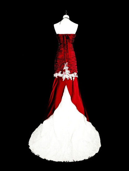 Vintage Prom Dresses Mermaid Sweetheart Burgundy Satin With White Lace Long Formal Dress N2377