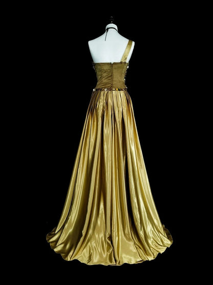 Vintage Prom Dresses A Line One Shoulder Yellow Satin With Beads Folds Long Formal Dress N2386