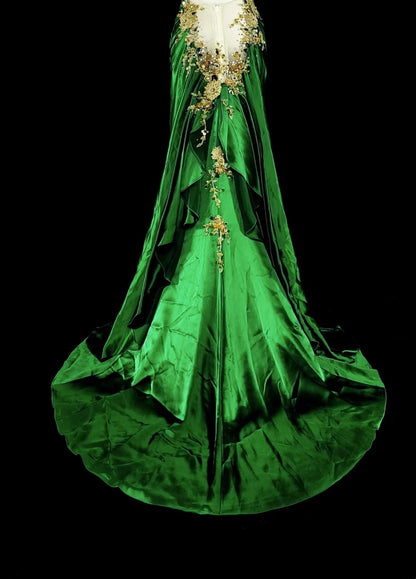 Vintage Mermaid Spaghetti Straps Green Satin Backless Long Gowns Formal 18th Birthday Party Prom Dresses N1750