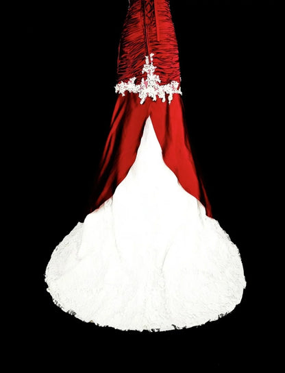 Vintage Prom Dresses Mermaid Sweetheart Burgundy Satin With White Lace Long Formal Dress N2377
