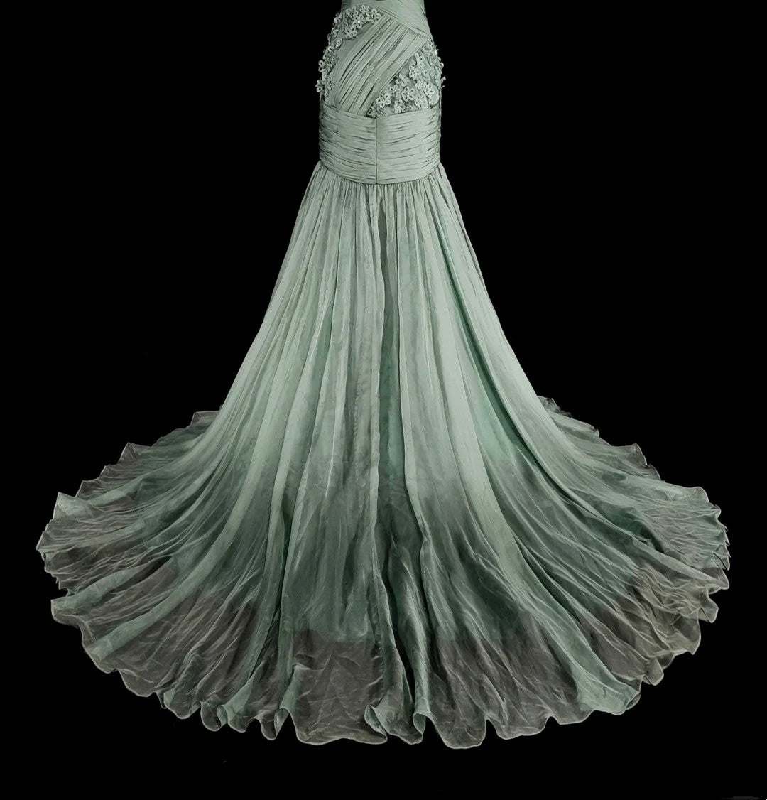 Vintage Prom Dresses Aesthetic Mermaid One Shoulder Sage Green Chiffon With Appliques Long Formal Dress N2161