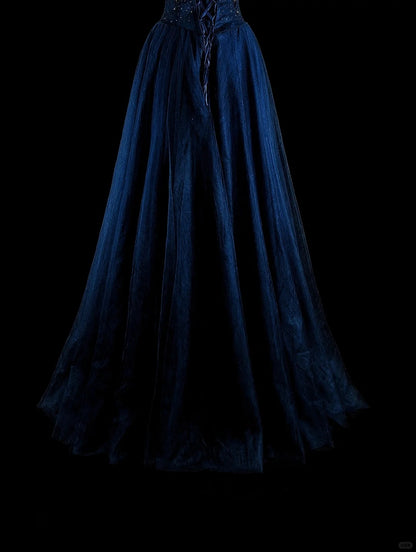 Vintage A line Off The Shoulder Navy Blue Tulle 90s Evening Gowns Formal Birthday Dress Long Prom Dresses N1752