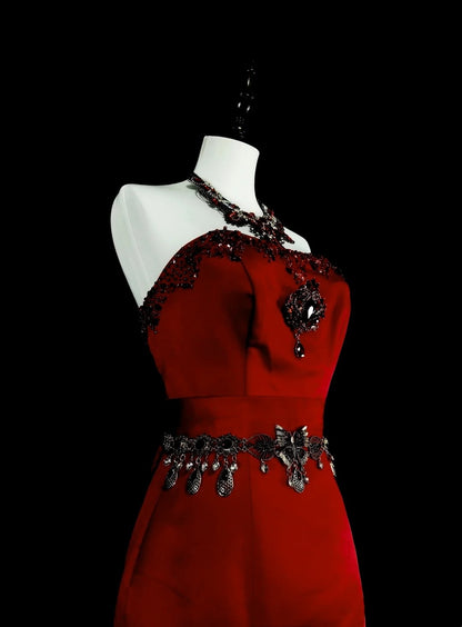 Vintage Prom Dresses Mermaid Red Strapless With Beading 1970s Long Formal Gown N2699
