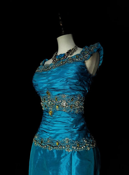 Vintage Mermaid Square Neck Blue With Beaded Long Summer Prom Dresses Spring Formal Party Dress N1422