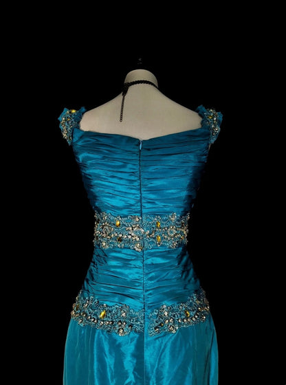 Vintage Mermaid Square Neck Blue With Beaded Long Summer Prom Dresses Spring Formal Party Dress N1422