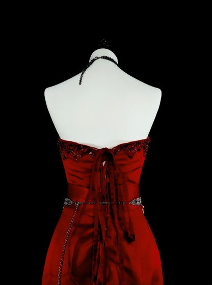 Vintage Prom Dresses Mermaid Red Strapless With Beading 1970s Long Formal Gown N2699