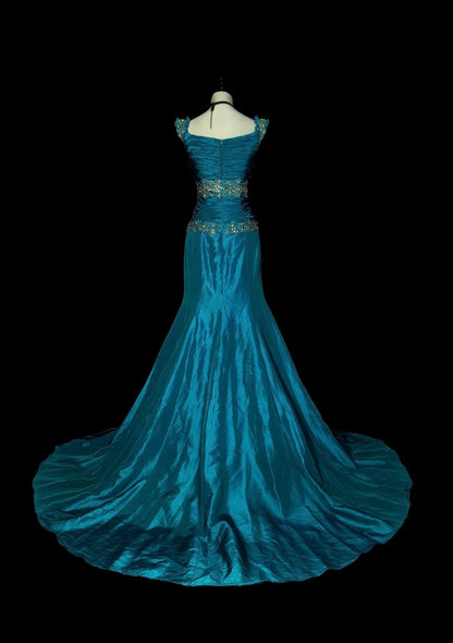 Vintage Mermaid Square Neck Blue With Beaded Long Summer Prom Dresses Spring Formal Party Dress N1422