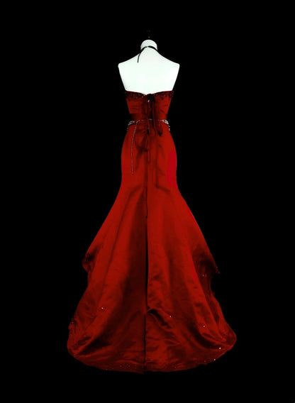 Vintage Prom Dresses Mermaid Red Strapless With Beading 1970s Long Formal Gown N2699