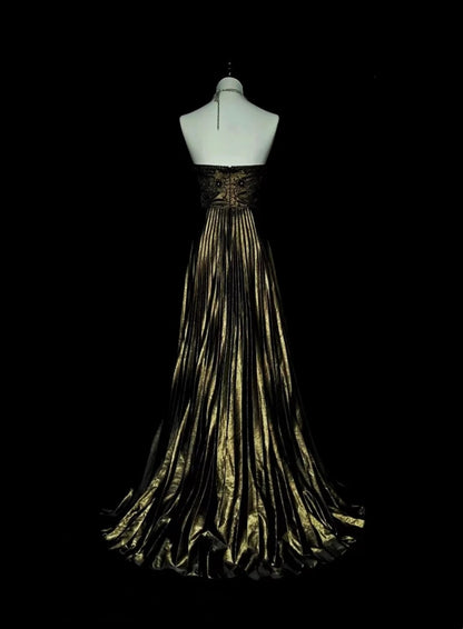 Vintage A Line Strapless Gold Black With Beaded Long Summer Prom Dresses Senior High Schools Formal Party Dress N1424