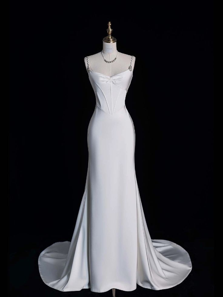 Unique Mermaid Spaghetti Straps Satin White Wedding Dresses Long Brides Dress AB993