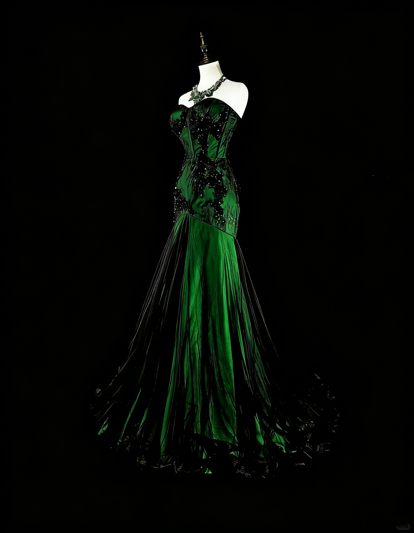 Vintage 1760s Mermaid Sweetheart Green With Black Appliques Long Prom Dresses N1606