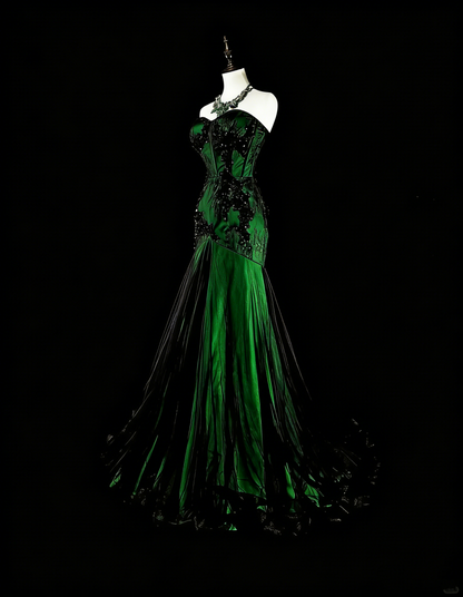 Vintage 1760s Mermaid Sweetheart Green With Black Appliques Long Prom Dresses N1606