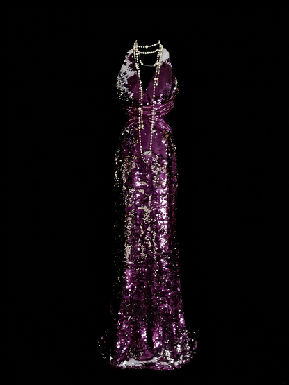 Vintage Prom Dresses Aesthetic 1960s Retro Grape Sequins Backless Mermaid Long Party Dress N2136