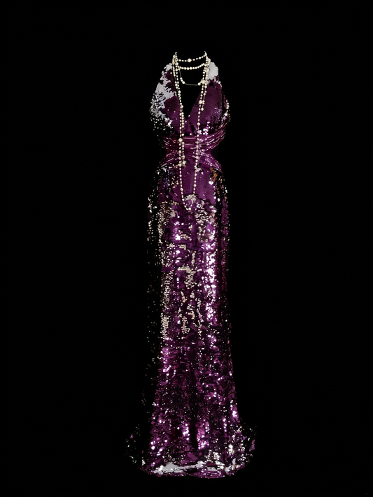 Vintage Prom Dresses Aesthetic 1960s Retro Grape Sequins Backless Mermaid Long Party Dress N2136