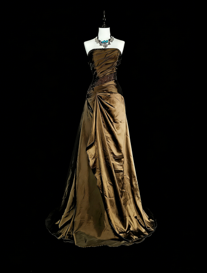 Vintage Prom Dresses Aesthetic 1950s Retro Mermaid Strapless Brown Long With Beadings N2009