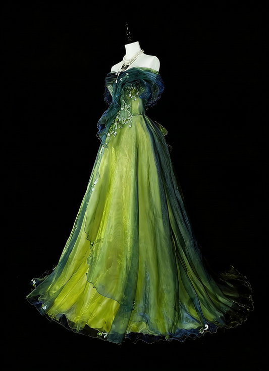 Vintage Ball Gown Strapless Green Black Tulle Sleeveless 80s Prom Dresses Long Formal Party Gown N1466