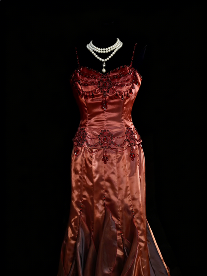 Vintage Mermaid Spaghetti Strap Rest Red Satin Beads Senior Prom dresses High School Long Formal Dresses N1248