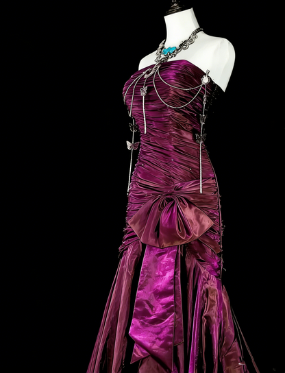 Vintage Prom Dresses Mermaid Strapless Purple Satin With Pleated 1990s Long Formal Gown N2711