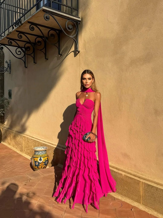 Modest A Line Sweetheart Hot Pink Chiffon Prom Dresses Inspo Simple Long Prom Gowns With Scarf AB236