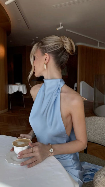 Sexy Mermaid High Neck Blue Backless Long Evening Summer Beach Black Tie Formal Dresses Wedding Guest Dress N1409