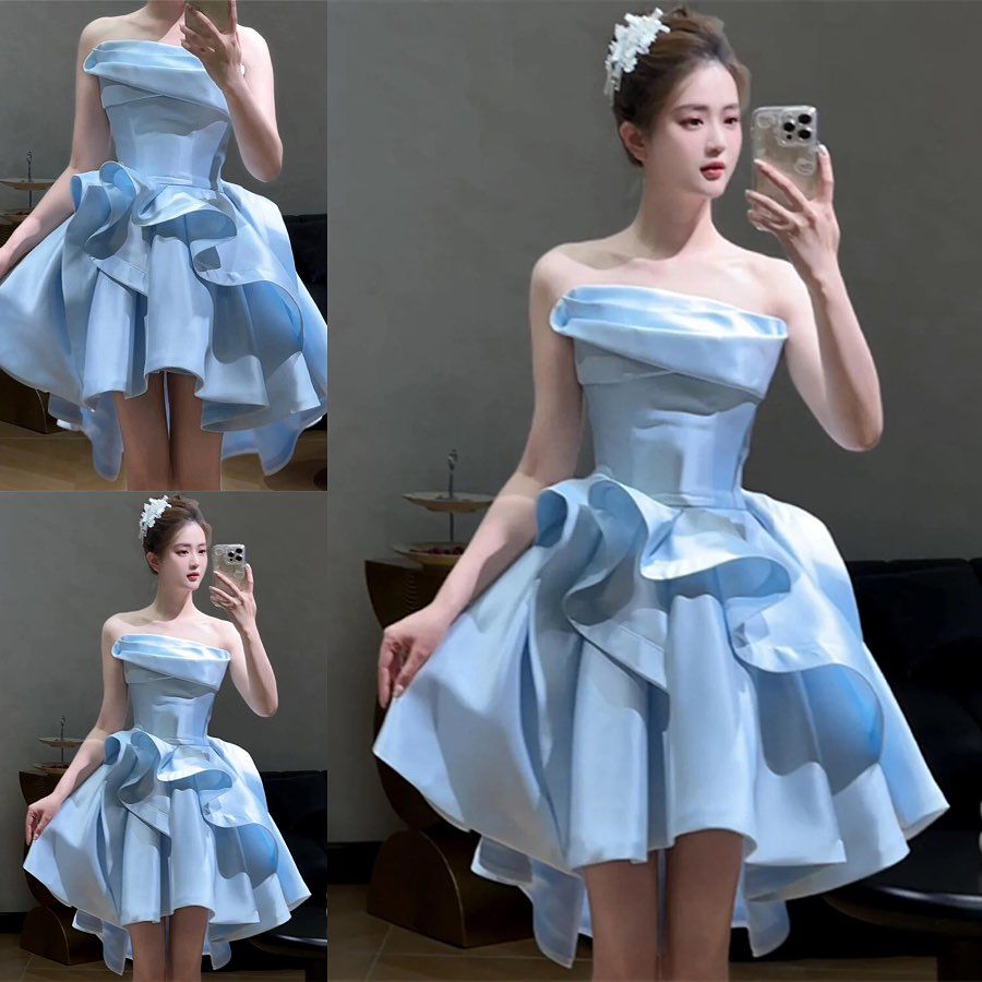 Sweet Ball Gown Strapless Pastle Blue Satin Senior High School Grad Party-ready Short Homecoming Dresses RB4422