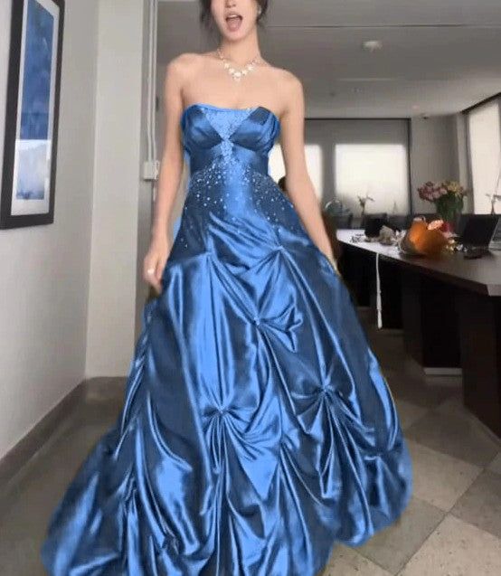 Vintage Ball Gown Strapless Olive Green Satin Taffeta 90s Prom Dresses Inspiration Party Dress Princess Graduation Dress B627