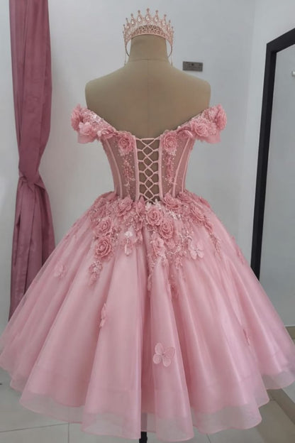 Sparkly Off-Shoulder Tulle Homecoming Dress with 3D Flowers & Corset Party Dresses RB6784