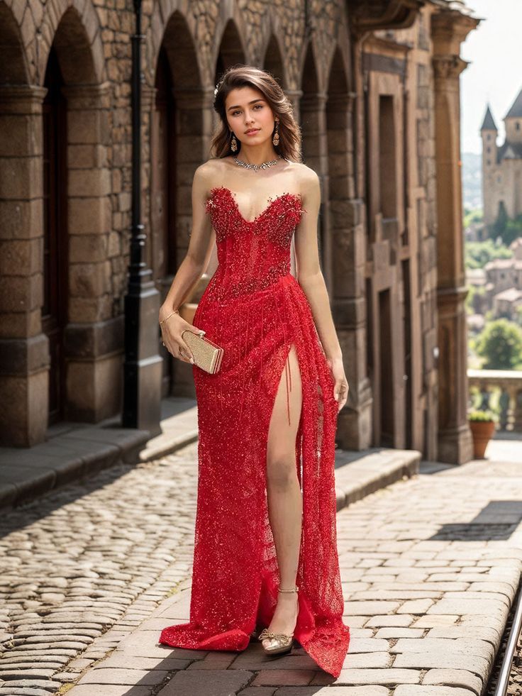 Red Strapless Beaded Fringe Waist Sequin Prom Dress with High Slit For Women AB1546