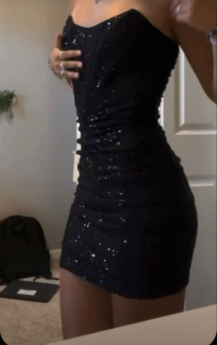 Glittery Sheath Strapless Little Black Sequined Short Mini Freshman High Shool Grad Hoco Outfit Homecoming Dresses RB4523