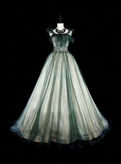 Vintage Prom Dresses Ball Gown Straps Green Tulle With Ruffle 1980s Long Formal Gown N2712