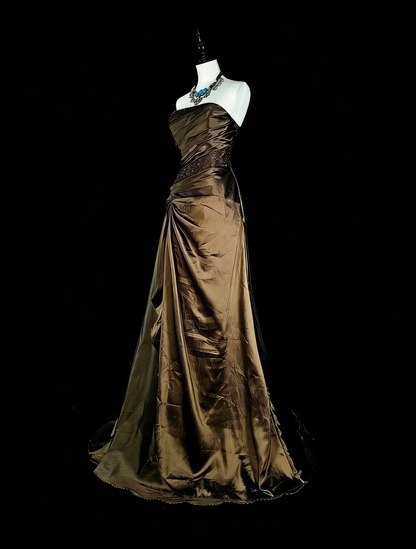 Vintage Prom Dresses Aesthetic 1950s Retro Mermaid Strapless Brown Long With Beadings N2009
