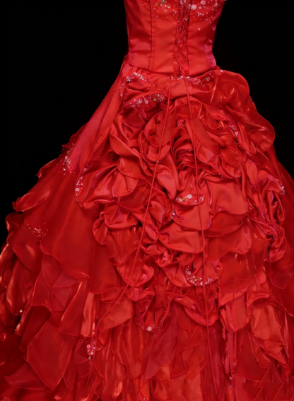 Vintage Ball Gown Strapless Red Satin With Layers Tiered Sweet 16 Dresses Quinceanera Dress Long 15 Vestidos De Fiesta N1446