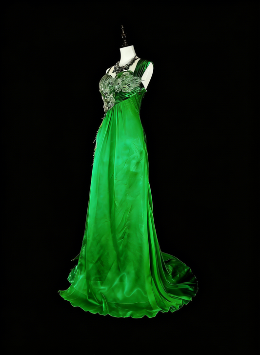 Vintage A Line Straps Green 70s With Pleated Beads Long Prom Gown Party Wear Dresses N1840