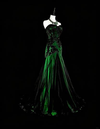 Vintage 1760s Mermaid Sweetheart Green With Black Appliques Long Prom Dresses N1606